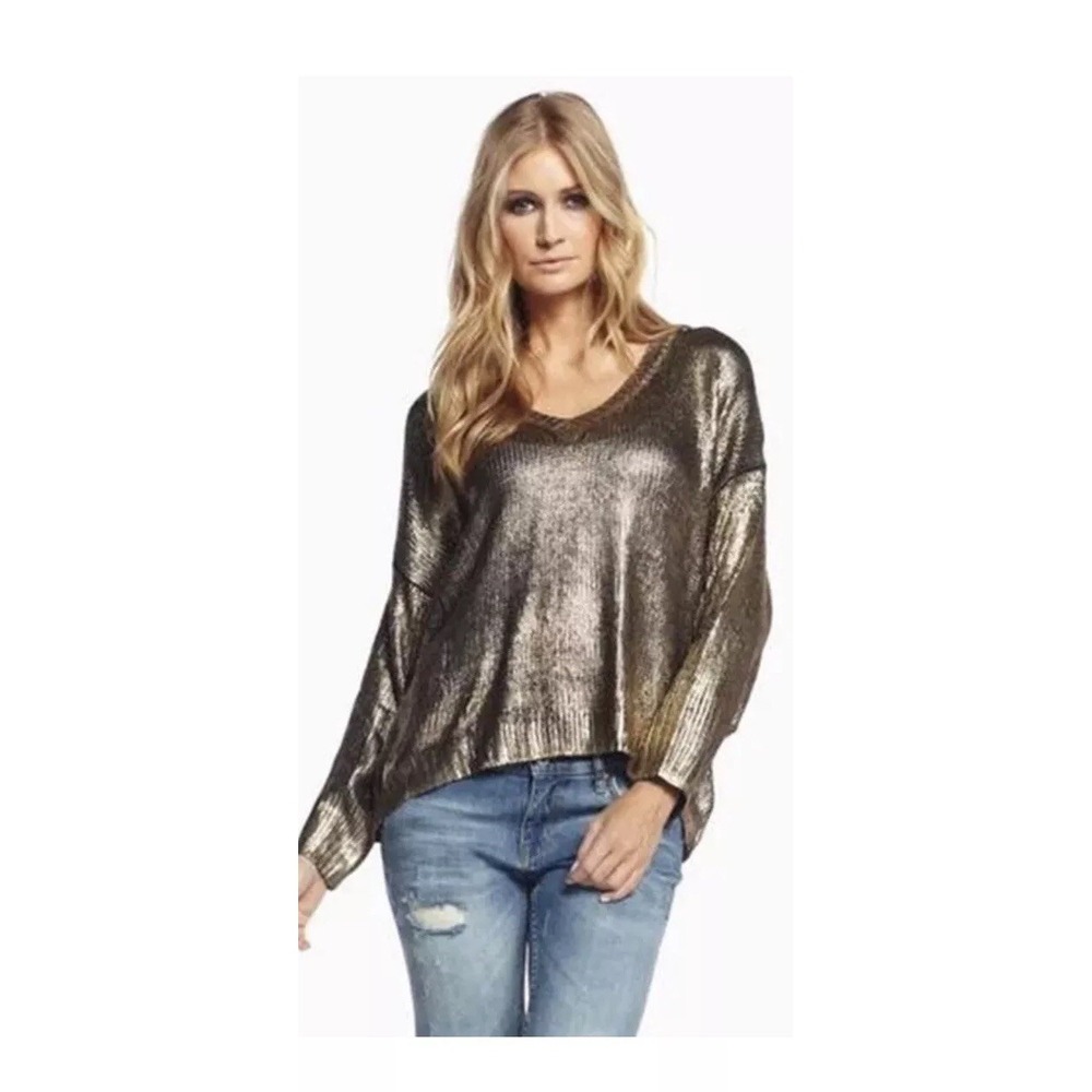 Elan Sexy Lo Metallic Sweater Black Gold M Pullover V-Neck Medium Knit